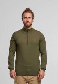 Grüner Reißverschluss-Pullover mit hohem Kragen, langen Ärmeln und gerippten Bündchen. Aus weichem Stoff gefertigt, verfügt er über ein dezentes Logo auf der Brust.