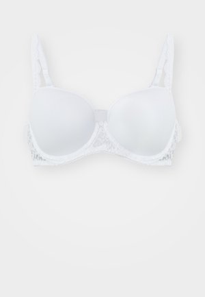 Fehér párnázott melltartó csipkés díszítéssel, sima kosarakkal és állítható pántokkal. Finom minta található az éleken, valamint kapcsos záródás.