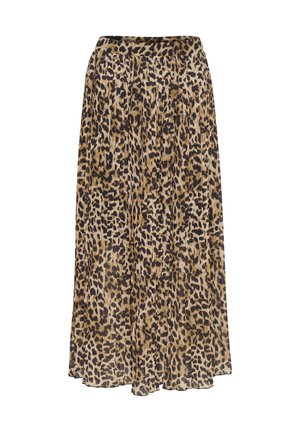 Maxi sukně s leopardím potiskem a skládáním, ve odstínech béžové a hnědé s černým pasem. Lehký, splývavý materiál.