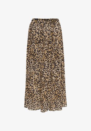 Maxi rok met luipaardprint en een geplooid ontwerp, met tinten beige en bruin en een zwarte tailleband. Lichtgewicht, vloeiende stof.