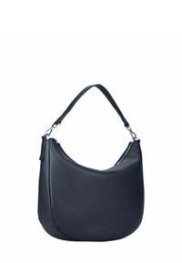 Sac à main en cuir bleu foncé avec une texture lisse et embossée, une forme incurvée et une seule bandoulière réglable. Comprend une fermeture éclair.