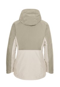 Capuchonjack in lichtbeige met een donkerder beige bovenstuk. Heeft een gladde textuur en contrasterende kleurvlakken aan de zijkanten en achterkant.