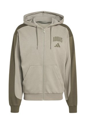 Felpa con cappuccio beige e oliva con zip, tasche frontali, cappuccio con coulisse e logo Adidas sul petto sinistro.