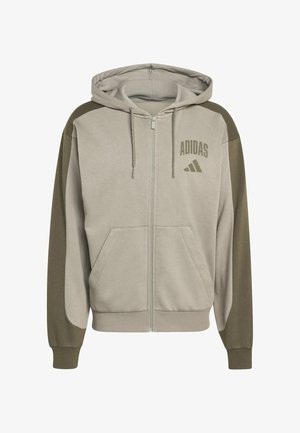 Felpa con cappuccio beige e oliva con zip, tasche frontali, cappuccio con coulisse e logo Adidas sul petto sinistro.
