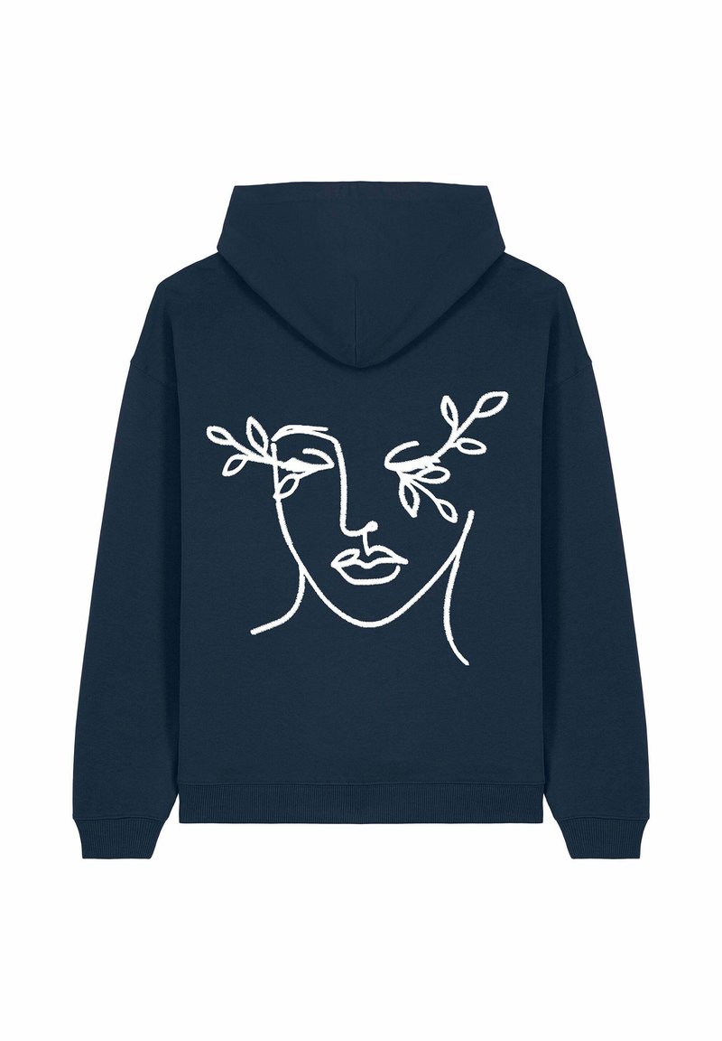 Felpa navy realizzata in tessuto morbido, con un disegno a linea bianca di un volto circondato da foglie attorno agli occhi, in una vestibilità comoda e con cappuccio regolabile.