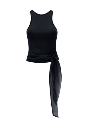 Black sleeveless top with a fitted bodice, wrap design, and a long sheer fabric sash tying at the waist. Smooth texture, minimal detailing.