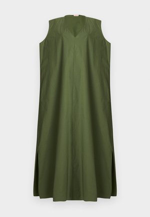 Be rankovių alyvuogių žalios spalvos vidutinio ilgio su V formos iškirpte su šoninėmis skylėmis ir laisvu, laisvai krintančiu siluetu.