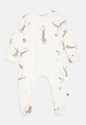 Weißer Baumwoll-Body mit einem giraffenmuster in Braun. Lange Ärmel, durchgehender Reißverschluss vorne und Fußdesign. Weicher Stoff.