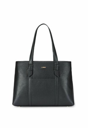 Schwarze strukturierte Leder-Tasche mit zwei langen Griffen und einem kleinen goldenen Logo, das nahe der oberen Vorderseite mittig angebracht ist.