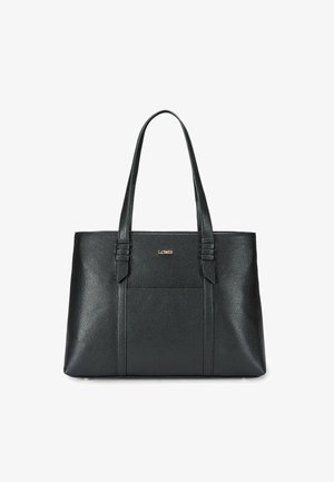 Sac cabas en cuir noir texturé avec deux longues anses et un petit logo doré centré près du haut à l'avant.