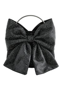 Juoda rankinė su dideliu audinio kaspinu, puošta kalnų krištolo akmenukais, papildyta metaline apvalia rankena nešimui.