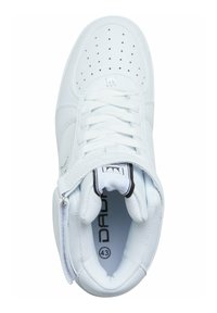 Weiße High-Top-Sneaker aus glattem synthetischen Material, mit durchlöchertem Zehenbereich, Schnürsenkeln und einem seitlichen Reißverschluss für einfaches An- und Ausziehen. Größe 43.