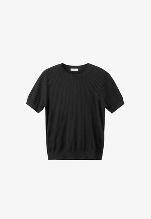 Crni pleteni top s kratkim rukavima, rebraste teksture, okruglog izreza i pristajućih manžeta i ruba.