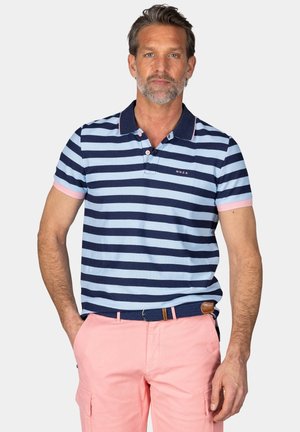 Navy en lichtblauw gestreept polo-shirt met een roze kraag en accentstukken op de mouwen, voorzien van twee knopen en een klein logo op de borst.