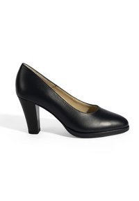 Escarpin noir à talon haut en matériau synthétique lisse, avec un bout pointu, un talon modéré et une semelle intérieure rembourrée.