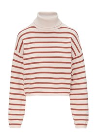 Sweter z golfem w paski o skróconym kroju, z naprzemiennymi kremowymi i rdzawymi paskami oraz prążkowanymi mankietami i kołnierzem.