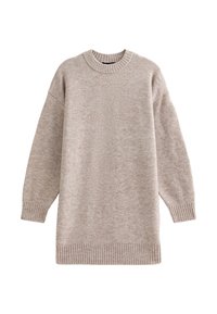 Maglione oversize beige, texture lavorata a maglia, scollo rotondo, polsini e orlo a costine, tessuto morbido, vestibilità rilassata, cuciture minime, design versatile.