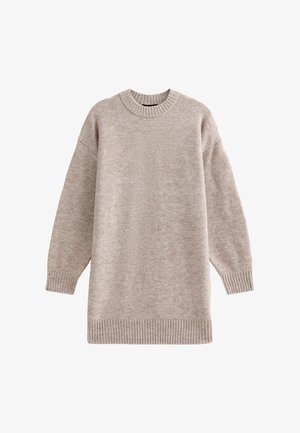 Beżowy, oversize sweter, dzianinowa faktura, okrągły dekolt, ściągacze przy mankietach i u dołu, miękka tkanina, luźny krój, minimalne szwy, wszechstronny design.