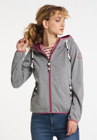 Giacca grigia con zip e cappuccio, dettagli rosa, polsini elasticizzati e cordini; presenta una texture liscia e due tasche laterali.