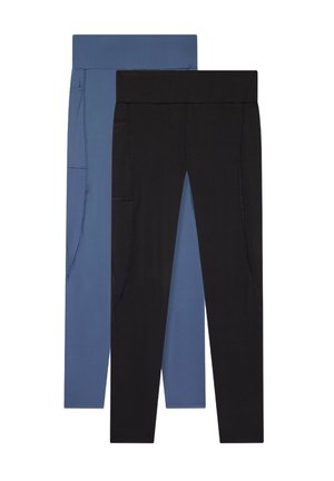 Leggings blu e neri, con una gonna larga, design slim-fit e tasche laterali sul paio blu. Texture liscia.