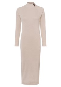 Abito a maglia beige a coste con maniche lunghe, scollatura alta e dettaglio dei bottoni sulla spalla. Silhouette aderente, lunghezza midi.