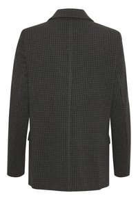 Blazer grigio a motivo pied de poule con colletto a punte, maniche lunghe e due tasche laterali. La vista dal retro mostra una silhouette su misura.