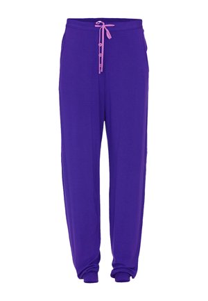 Paarse joggingsbroek met een trekkoord in de taille, voorzien van roze accenten, twee zijzakken en een losse, comfortabele pasvorm. Zachte, gladde stof.