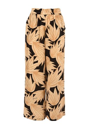 Pantalones de pierna ancha con estampado de hojas tropicales beige sobre fondo negro y cintura elástica.