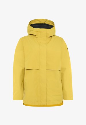 Gelbe Regenjacke mit Kapuze, Vorderklapptaschen und durchgehendem Reißverschluss, entworfen für Schutz im Freien.