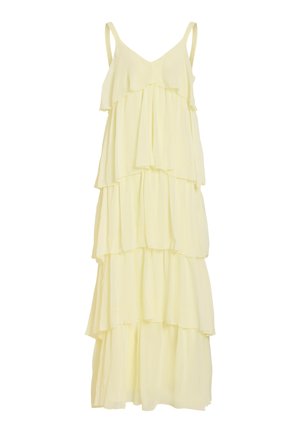 Gaiši dzeltenas krāsas maxi kleita ar plāniem plecu siksniņām un vairākiem slāņiem kroku no augšas līdz apakšai.