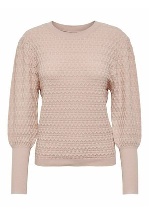 Hellrosa langärmliger Pullover mit strukturiertem Strickmuster, gepufften oberen Ärmeln und enganliegenden gerippten Bündchen sowie Saum.