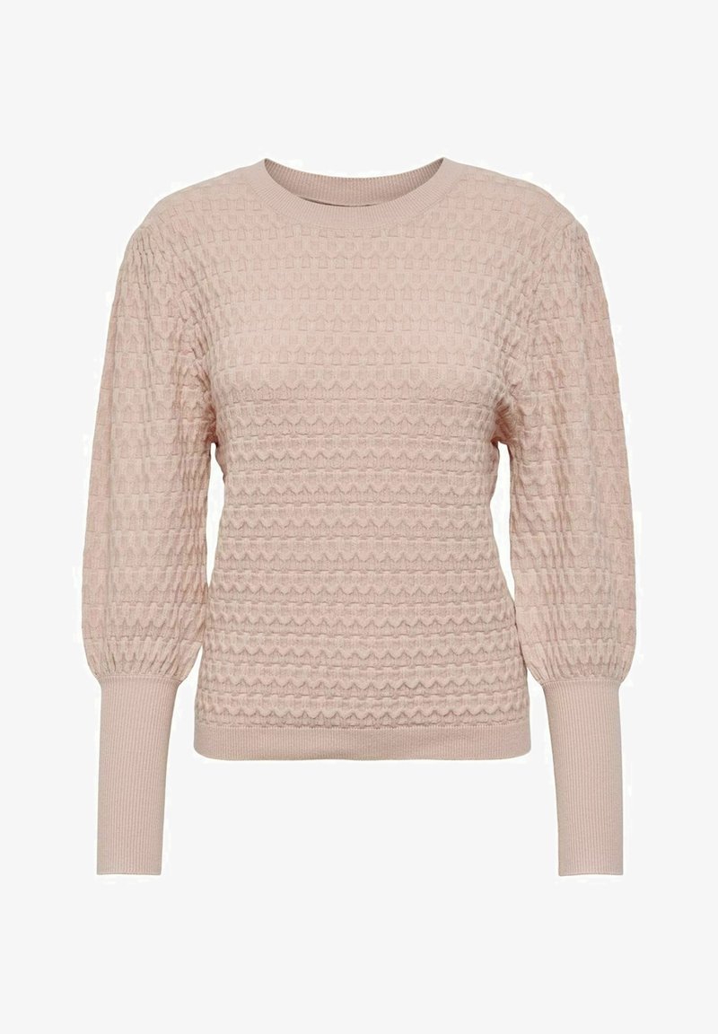Pull rose clair à manches longues avec motif en tricot texturé, manches supérieures bouffantes et poignets et ourlet côtelés ajustés.
