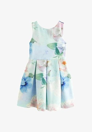 Pastellblaisses, ärmelloses Kleid mit floralem Muster aus blauen und pinken Blumen, einem plissierten Rock und einem runden Halsauschnitt.