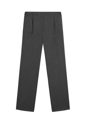 Grey tailored trousers with a straight-leg cut, featuring two front pleats, a button closure, and smooth, textured fabric.