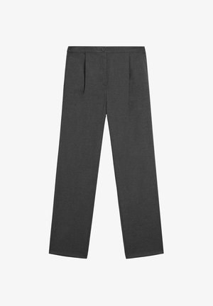 Pantaloni grigi sartoriali con una vestibilità dritta, dotati di due pieghe frontali, chiusura con bottone e tessuto liscio e testurizzato.