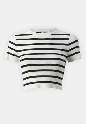 Top corto de manga corta blanco con rayas negras horizontales. Fabricado en tejido acanalado con un cuello redondo y diseño ajustado.