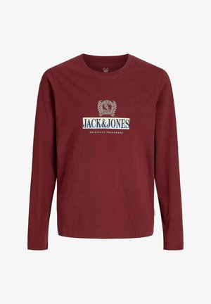 Chłopiec o kręconych włosach, ubrany w koszulę w kratę zapinaną na guziki, na czerwonym t-shircie z nadrukiem, czarne dżinsy i brązowe buty, stojący na jednolitym białym tle.