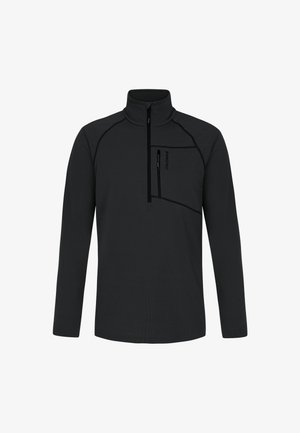 Zwarte lange mouwen pullover met een hoge kraag, een ritsvak aan de voorkant, gestructureerde stof en contrasterende stiksels op de naden.