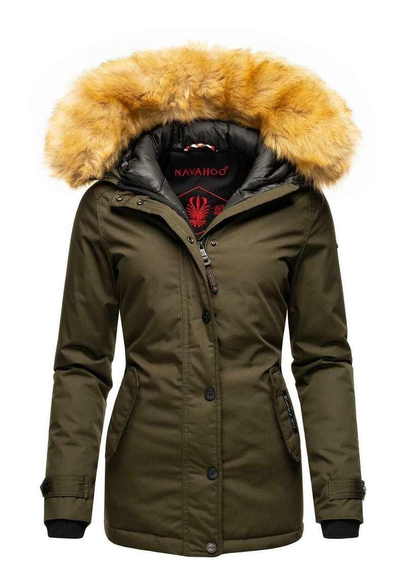 Olive green parka with faux fur hood, zip and button closure, two side pockets, and elastic cuffs. Features a red inner lining.
