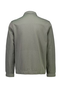 Graue Jacke mit einem Kragen, langen Ärmeln und gesäumten Bündchen. Glatter, leichter Stoff mit gleichmäßiger Textur und ohne sichtbare Muster.