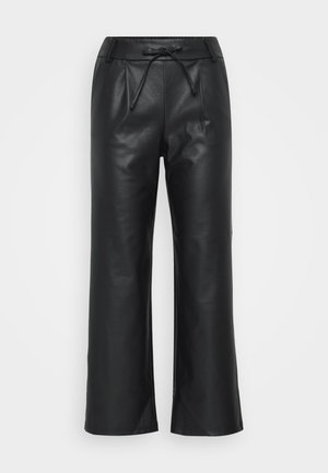 Schwarze Lederhosen mit lockerer Passform, elastischem Bund und subtilen Falten. Die glatte Textur und der weite Beinschnitt erhöhen den Komfort und den Stil.