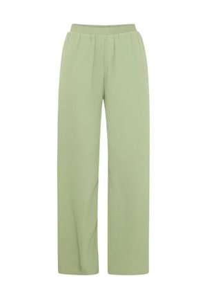 Pantaloni larghi verde chiaro con elastico in vita, caratterizzati da pieghe sottili e una texture morbida, progettati per comfort e libertà di movimento.