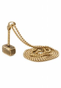 Gold-tone necklace featuring a hammer-shaped pendant with textured detailing and a woven chain. Chain is coiled beside the pendant.