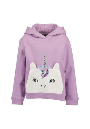 Lilla børnehoodie med en forlomme med et hvidt enhjørning ansigt, sølvhorn og pastelfarvede manedetaljer.