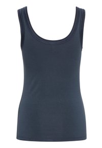 Top senza maniche blu navy realizzato in tessuto elasticizzato, con una scollatura a barca e cuciture rinforzate alle cinghie per una maggiore durata.