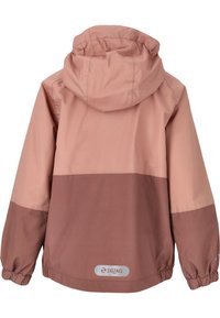 Vaaleanpunainen ja ruskea hupullinen takki, jossa on väri-blokki suunnittelu, joustavat hihansuut ja logo-etiketti alahelmaa. Valmistettu kevyestä, vettä hylkivästä materiaalista.