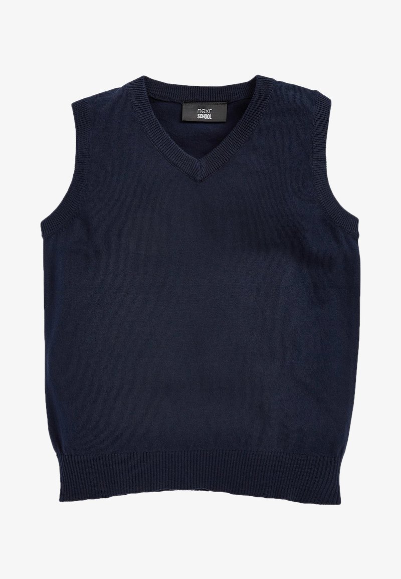 Gilet sans manches en maille bleu marine avec col en V et bordures côtelées à l'ourlet et aux emmanchures, étiqueté « next SCHOOL » à l'intérieur du col.