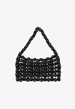 Borsa a tracolla nera decorata con perline, dotata di un manico triangolare, realizzata con perline matte rotonde che mostrano un design a reticolo e una superficie strutturata.