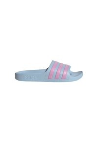 Light blue slide sandal made of textured material, featuring three horizontal pink stripes and "adidas" logo embossed on the side.