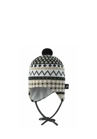 Koparka zimowa w kolorze czarnym, beżowym i białym z wzorem kropek i zygzaków. Posiada uszy, sznurek oraz czarny pompon na szczycie.